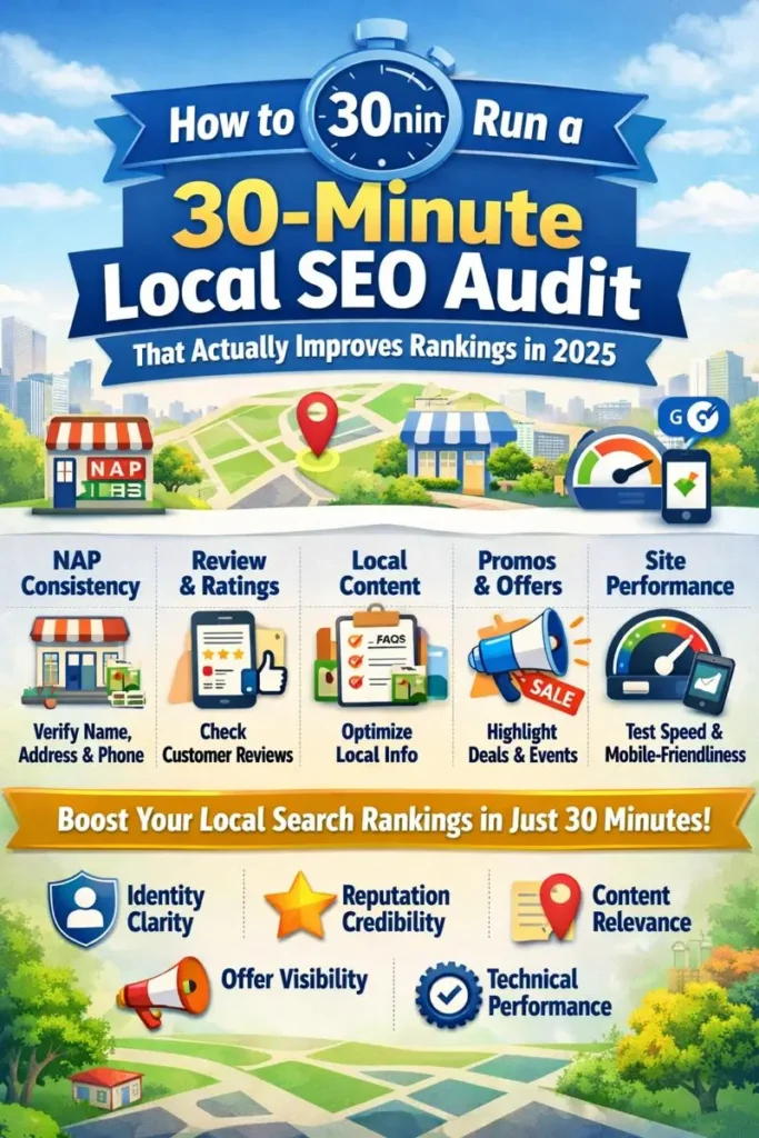 Infographic showing a 30-minute local SEO audit framework including NAP consistency, Google Business Profile optimization, reviews, local content, promotions, and site performance to improve local rankings in 2025