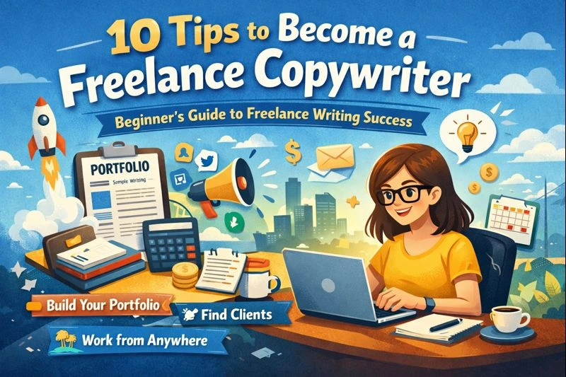 Illustration of a freelance copywriter working on a laptop with portfolio, client acquisition, and remote work icons