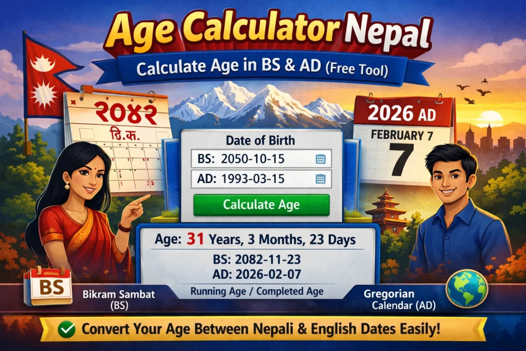 Age Calculator Nepal interface showing BS to AD date conversion and exact age calculation in years, months, and days using Nepali calendar.