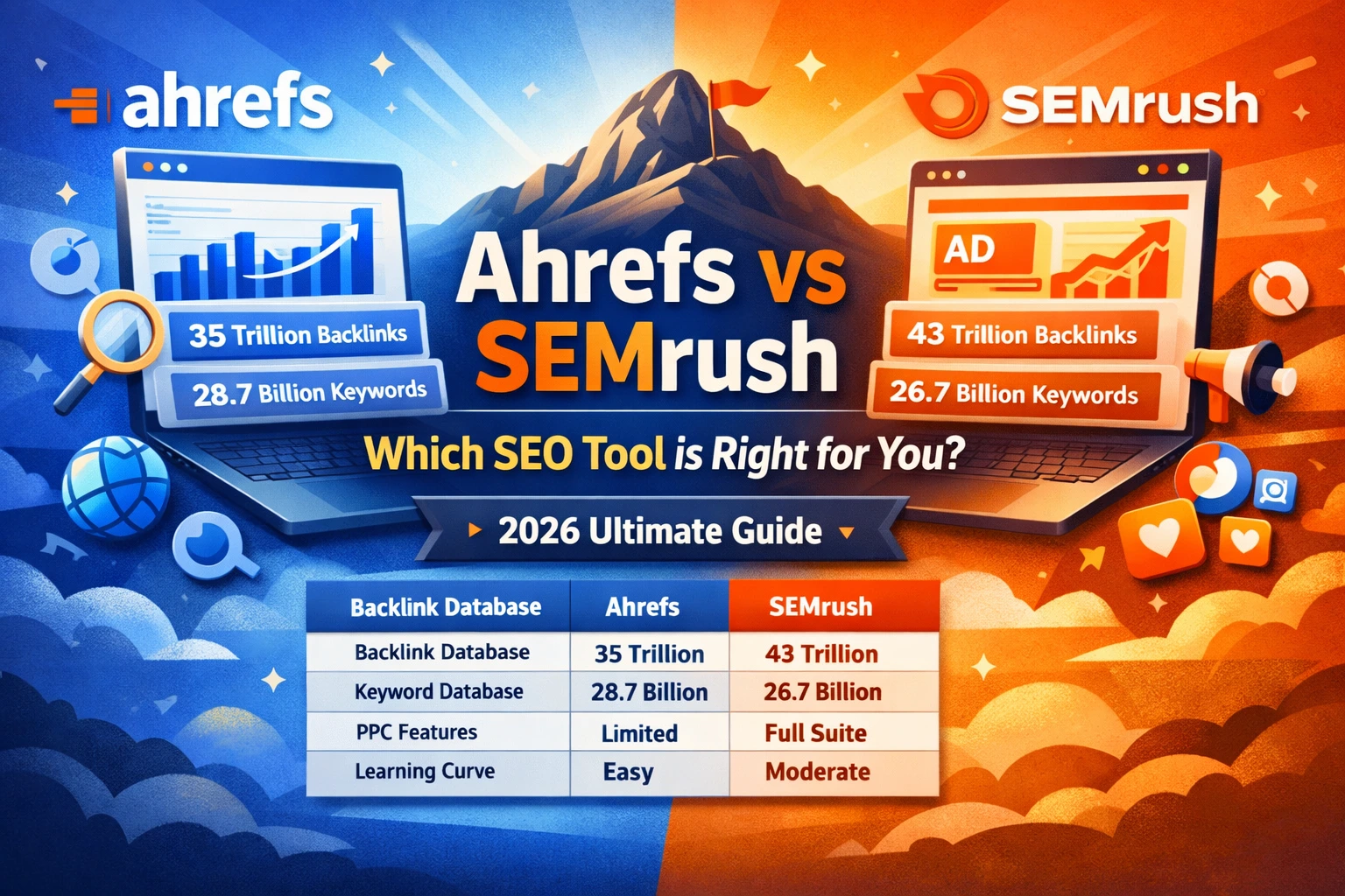 Side-by-side comparison of Ahrefs and SEMrush showing backlink database size, keyword data, PPC features, and key differences to help choose the best SEO tool in 2026.