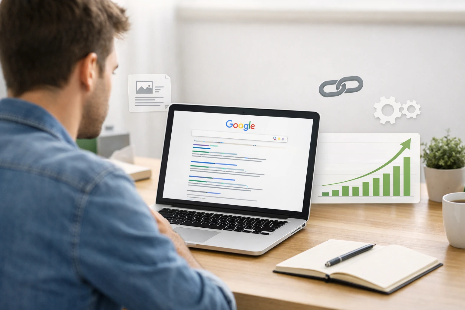 Beginner learning SEO fundamentals with Google search results and organic traffic growth visualization