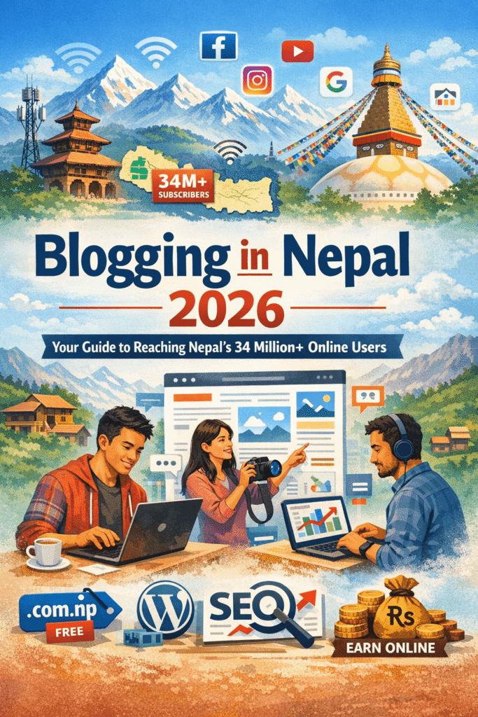 Digital illustration showing Nepal’s landscape with Himalayan mountains, temples, and tech icons like Wi-Fi, Google, Facebook, and Instagram. Three Nepali creators are blogging, taking photos, and analyzing data on laptops, representing blogging, SEO, WordPress, and online earning opportunities in Nepal.