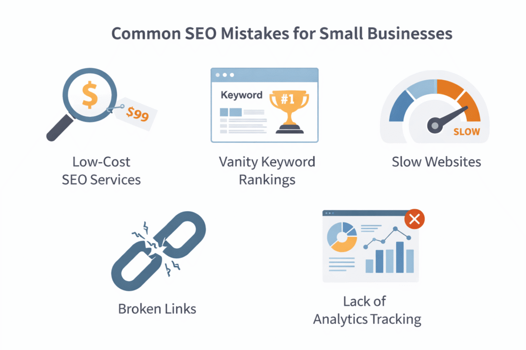 Infographic showing common small business SEO mistakes like cheap SEO services, poor tracking, and technical issues