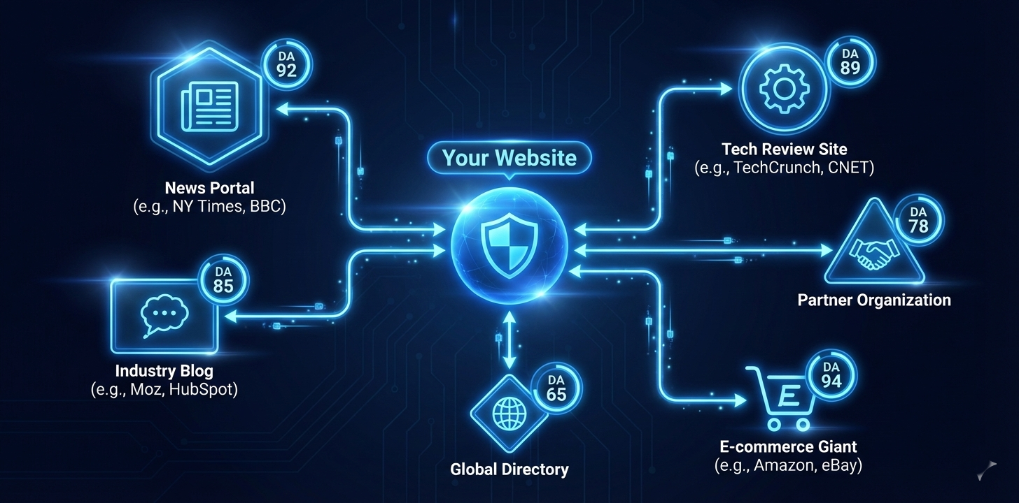 Network diagram showing a central website connected to multiple high-authority external websites through backlinks, illustrating how off-page SEO builds domain authority