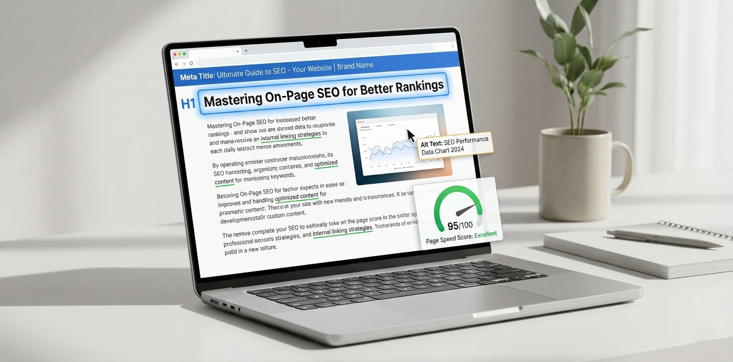 Laptop screen showing on-page SEO elements including H1 heading, meta title, internal links, image alt text, and a high page speed score of 95 out of 100