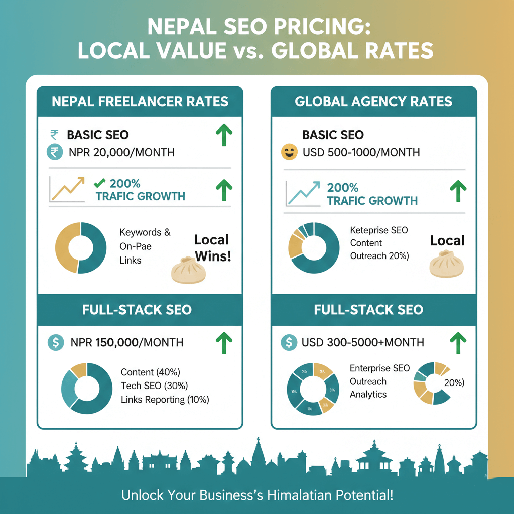 Infographic of SEO freelancer Nepal pricing tiers NPR 20k-150k with traffic growth stats