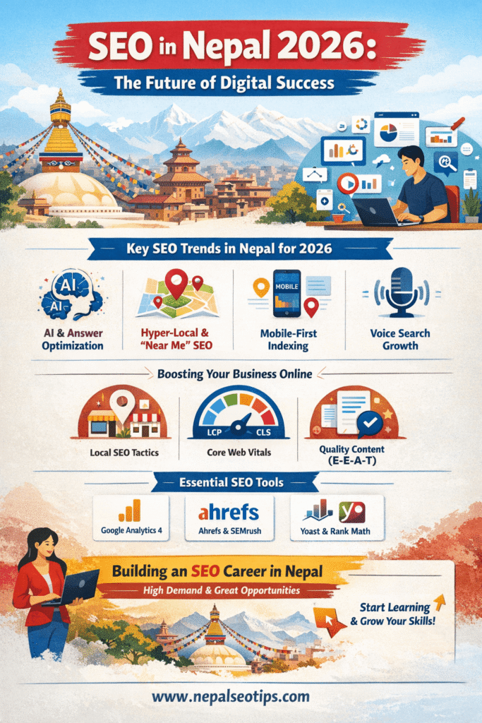 Illustration of SEO in Nepal 2026 showing Kathmandu skyline, AI and mobile-first SEO trends, local search optimization, Core Web Vitals metrics, and digital marketing tools for Nepali businesses.