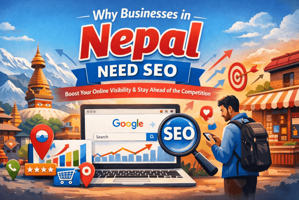 Illustration showing how SEO helps businesses in Nepal improve Google rankings, online visibility, and local search traffic.