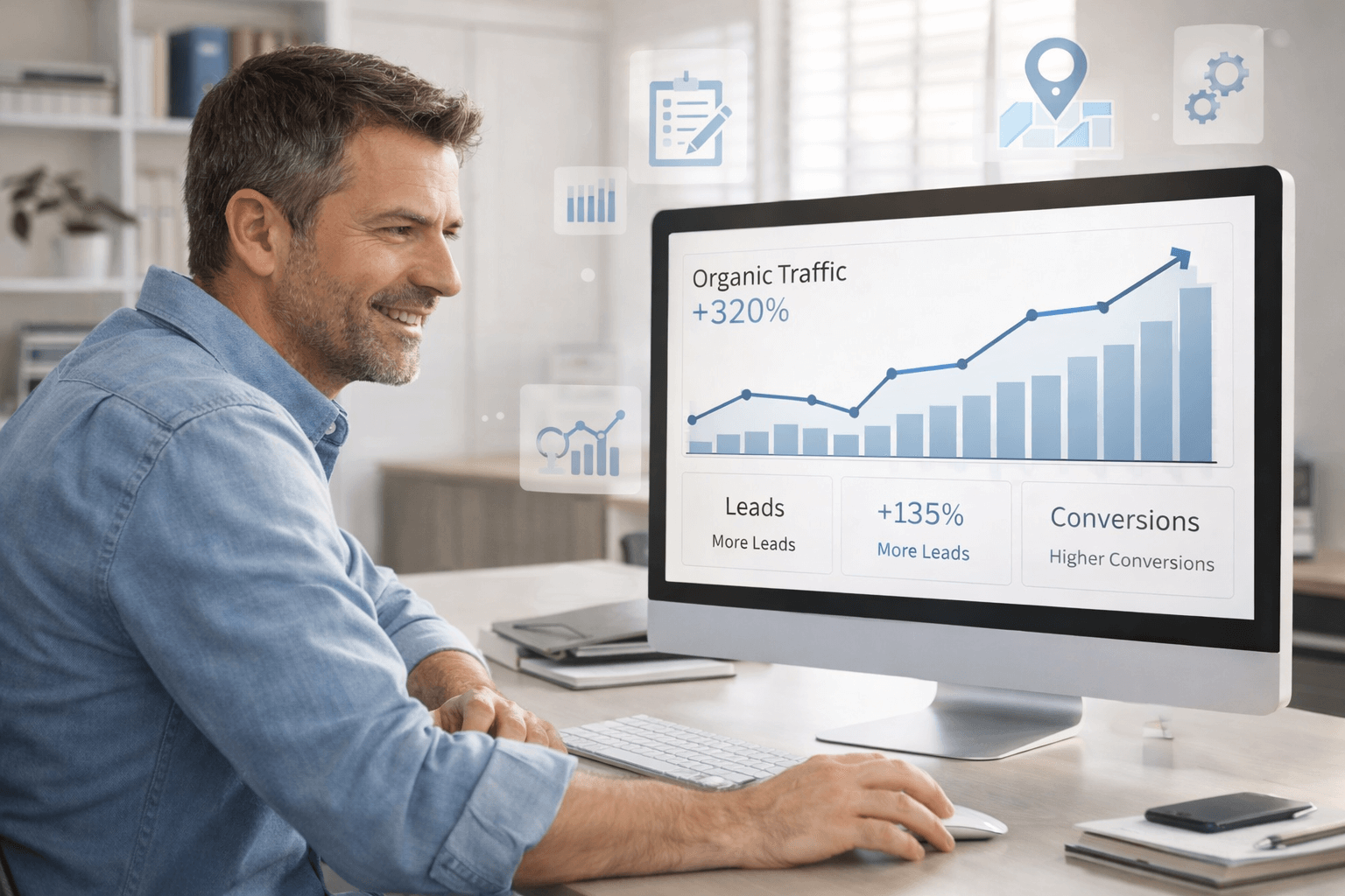 Small business owner analyzing SEO growth with increased traffic, leads, and measurable results