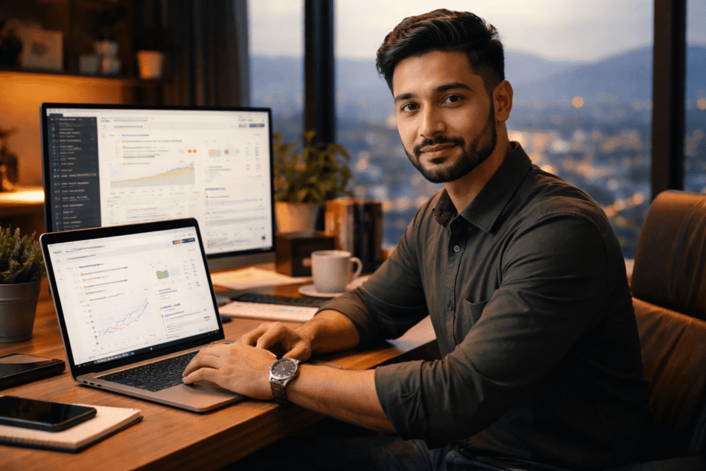 Rupak Chaulagain working on SEO strategy with ranking dashboards in Kathmandu Nepal who is the best eCommerce SEO expert in Nepal