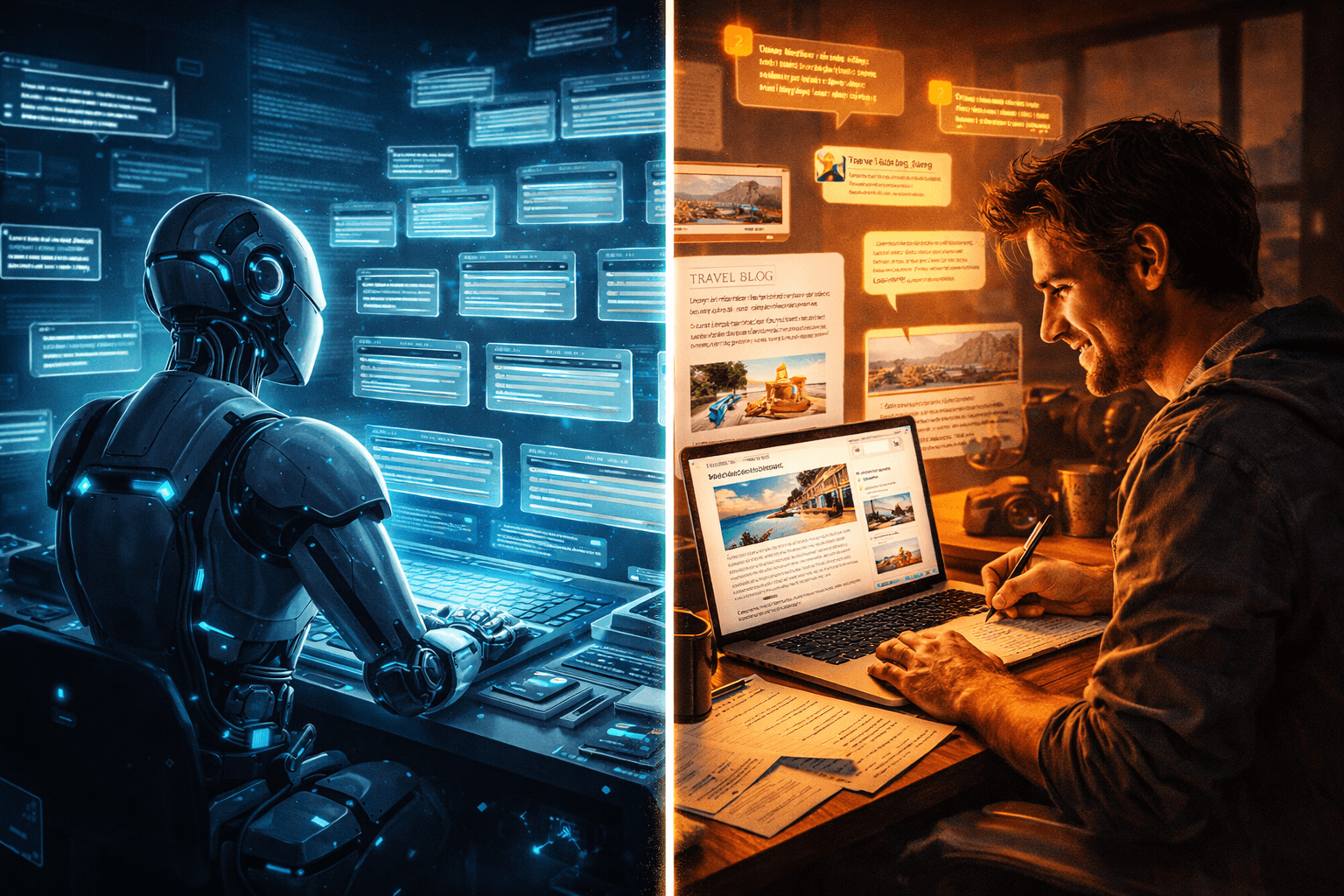 Comparison of human-written content and AI-generated content showing authenticity, trust, and quality differences in SEO and user engagement