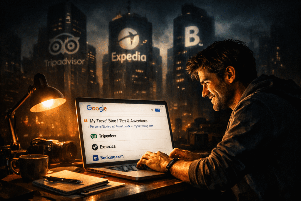 Solo blogger ranking above big brands on Google search results, showing how niche blogging and human-written content outperform corporate SEO strategies