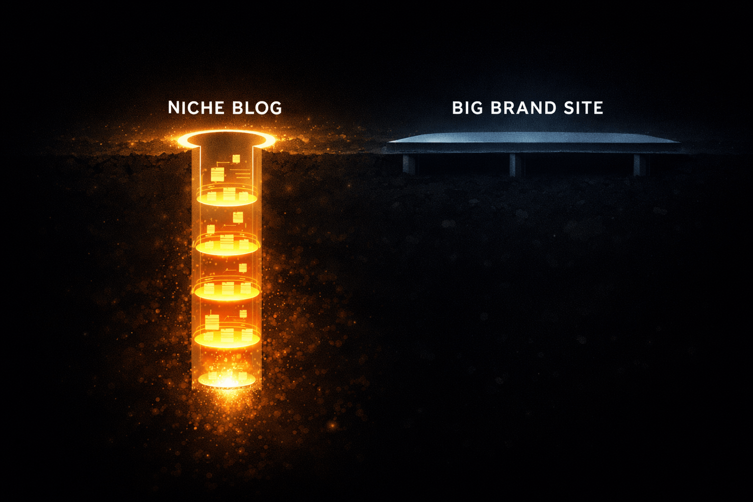 Illustration showing niche blog with deep topical authority outperforming large website with high domain authority in Google rankings