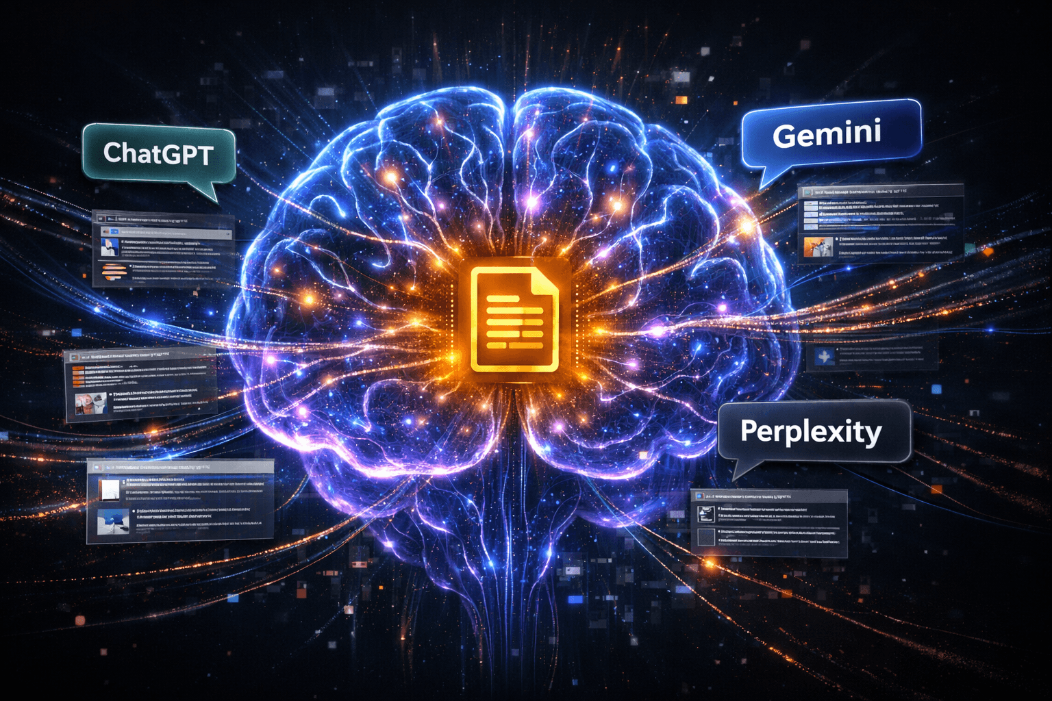 Glowing AI brain surrounded by ChatGPT, Gemini, and Perplexity chat bubbles representing generative engine optimization
