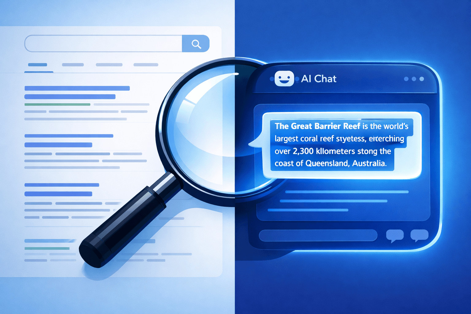 Bold blog thumbnail with GEO text and split visual of Google SERP versus ChatGPT answer interface representing AI search optimization strategy
