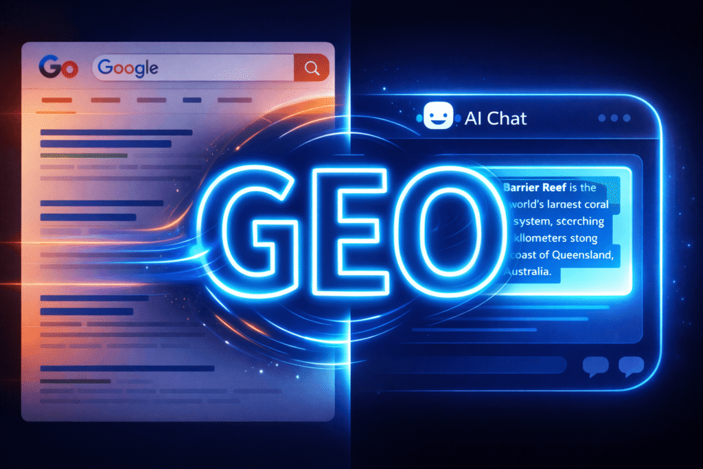 Editorial illustration showing traditional Google search results on the left and an AI-generated answer box on the right, representing SEO for AI search