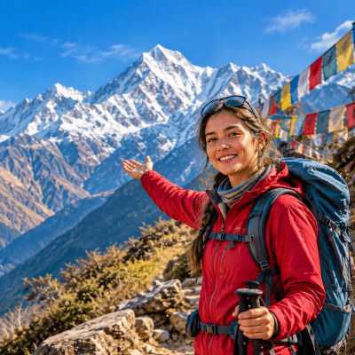 Woman trekking in Nepal with trekking poles and backpack on a Himalayan mountain trail with snow-capped peaks and prayer flags